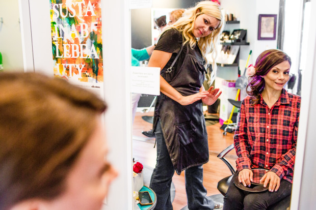 Bride gets ready at G Spot Hair Design before her Hideout Chicago wedding