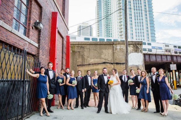 Wedding party photo near the Kinzie Street Bridge.