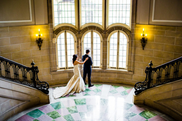 Bride and groom share their first look during an Armour House wedding.