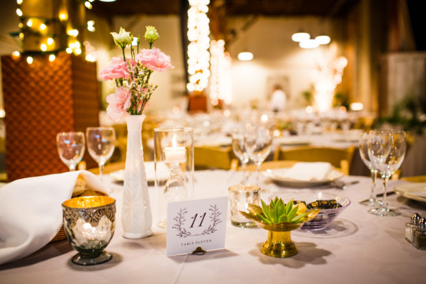 Reception details at a Blumen Gardens wedding.
