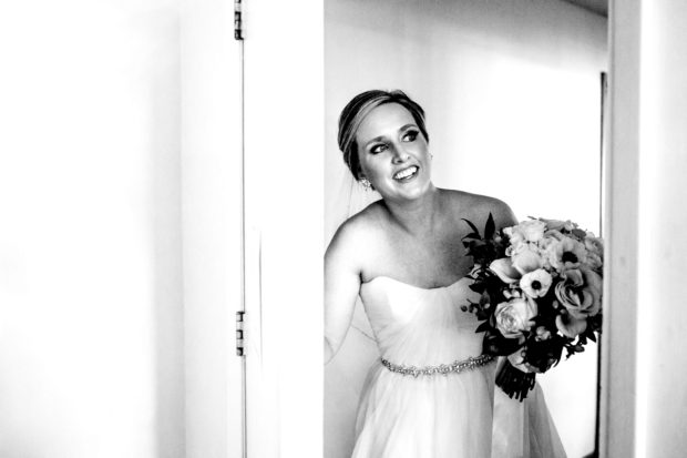 Bride waits for her wedding ceremony to start at Sacred Heart Church in Winnetka.