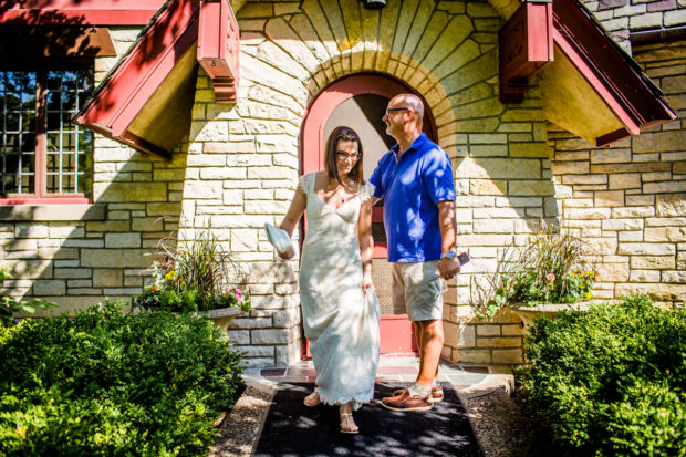 Bride walks to meet her soon-to-be husband before her wedding at The Grove.