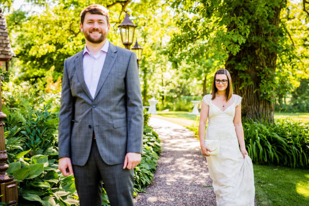 Couple shares their first look at a wedding at The Grove.