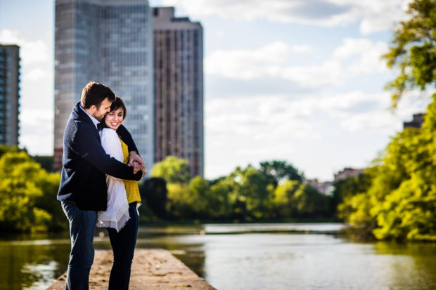 Couple hugs each other during their Lincoln Park engagement session.