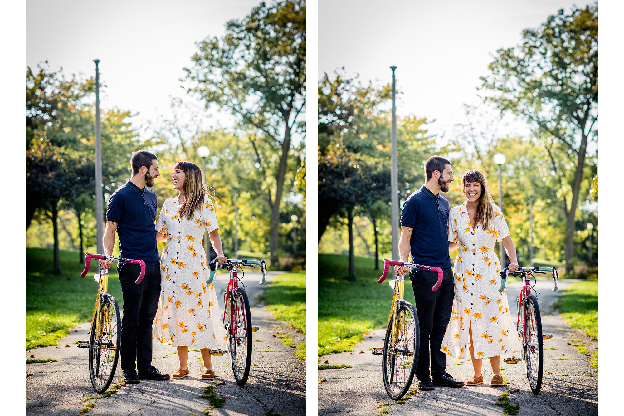 A couple laughs together before a bike ride during their Humboldt Park engagement session in Chicago.