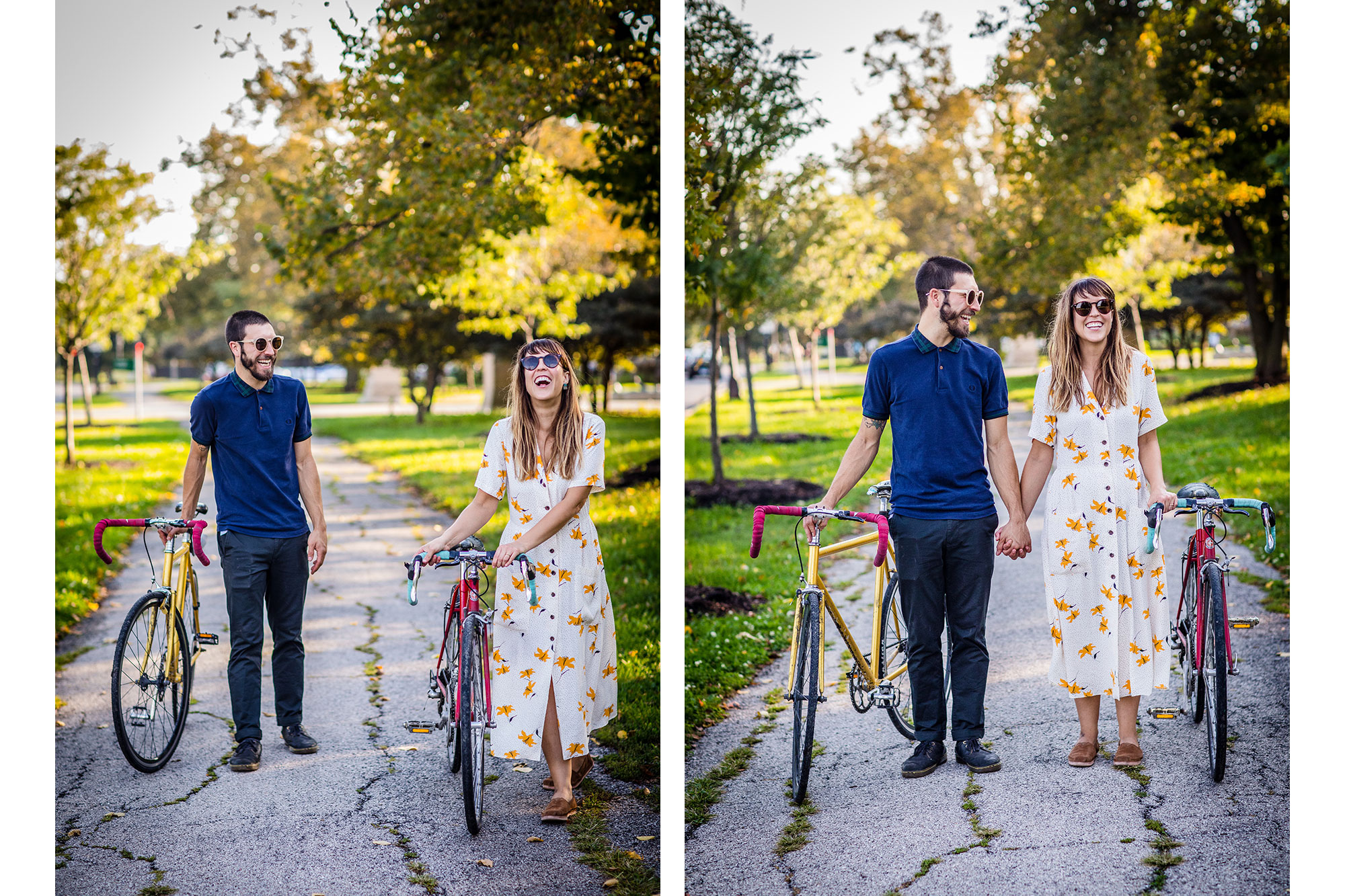 A couple laughs together with their bikes during their Humboldt Park engagement session in Chicago.