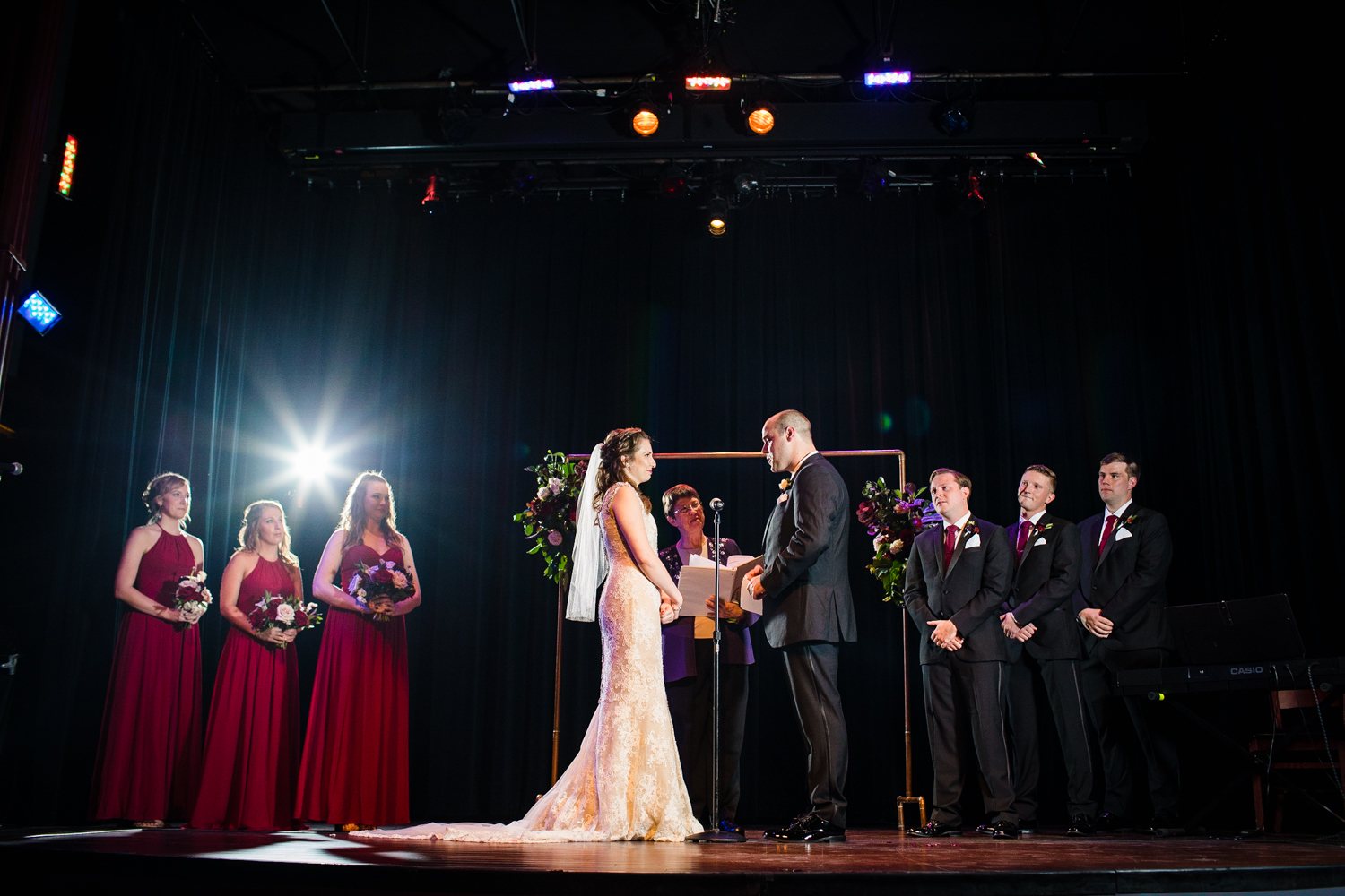 A view of a ceremony at a Mayne Stage wedding in Chicago. 