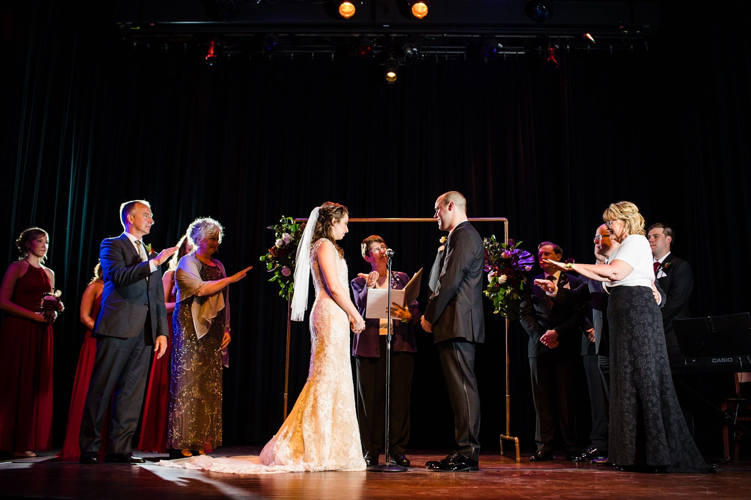 A view of a ceremony at a Mayne Stage wedding in Chicago. 