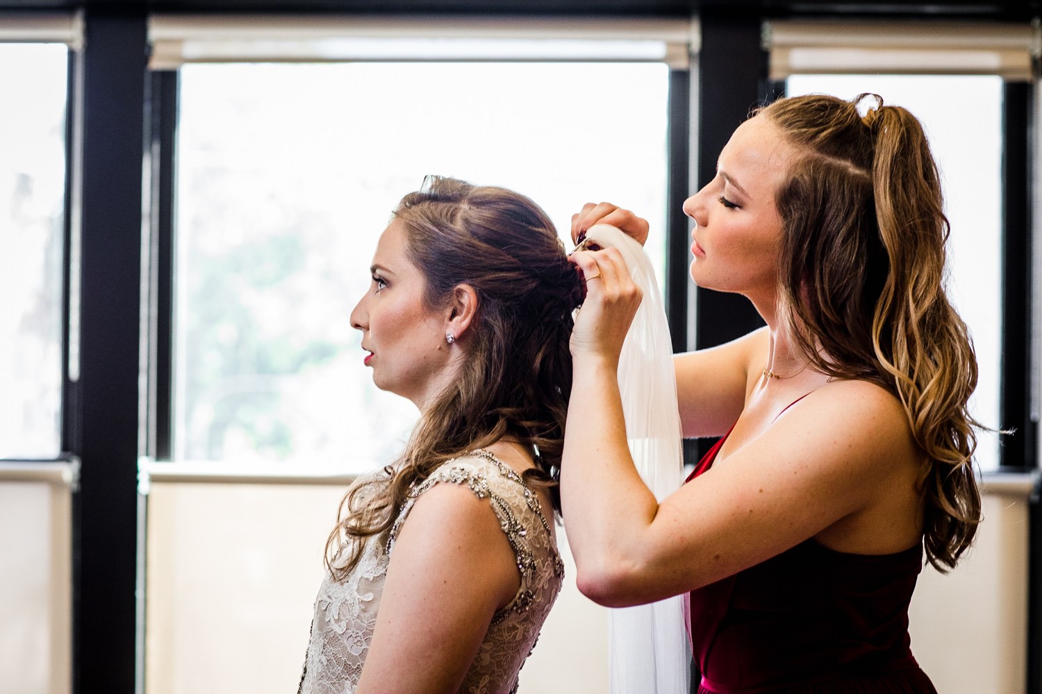 A bride gets ready before her Mayne Stage wedding in Chicago. 