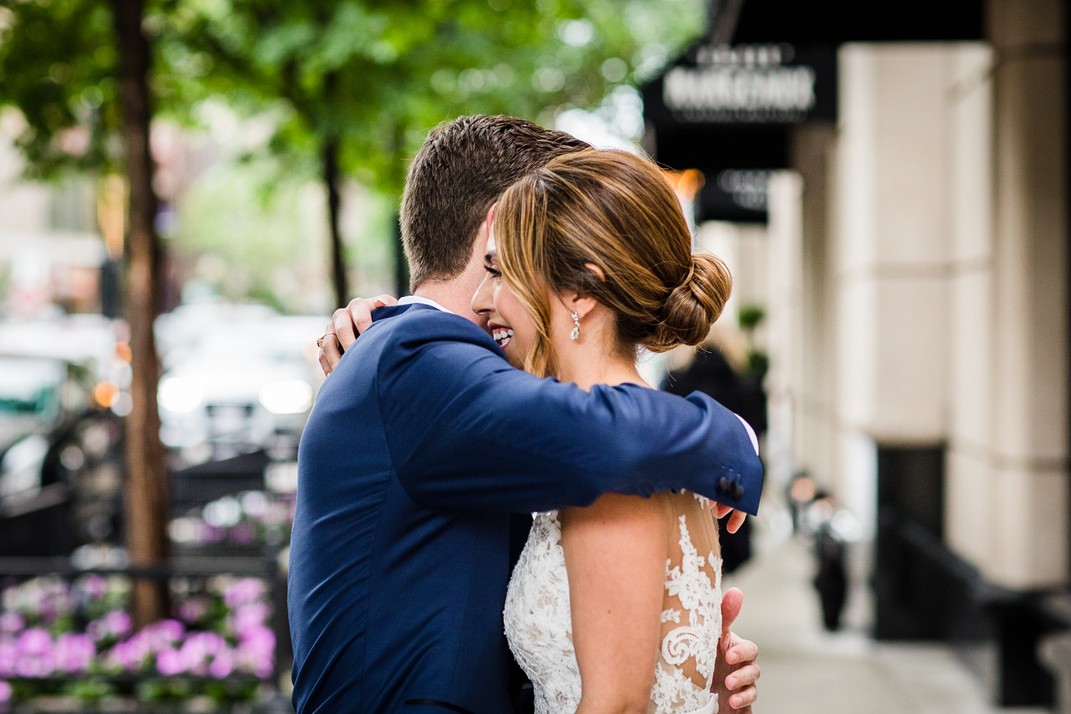 A bride and groom share their first look before a Gallery Marchetti wedding.