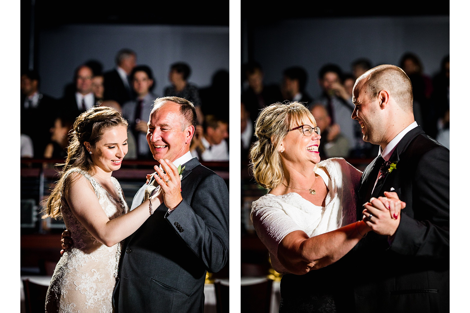 A couple shares a first dance with their parents at a Mayne Stage wedding in Chicago. 