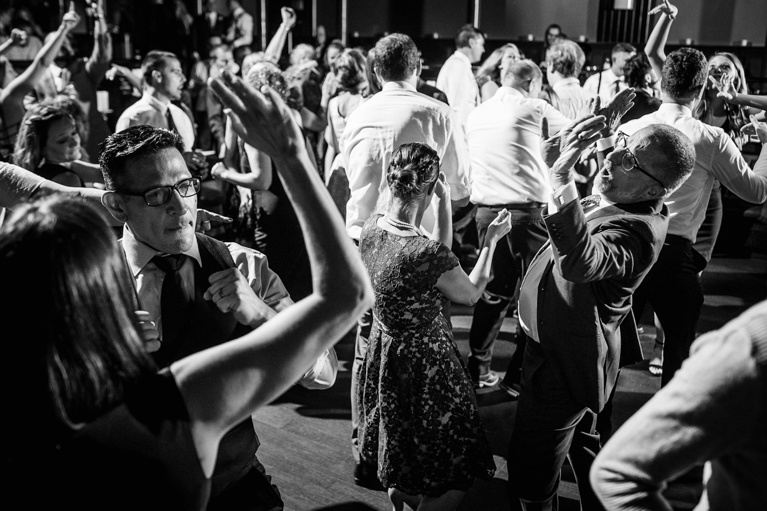 Guests dance at a Mayne Stage wedding in Chicago
