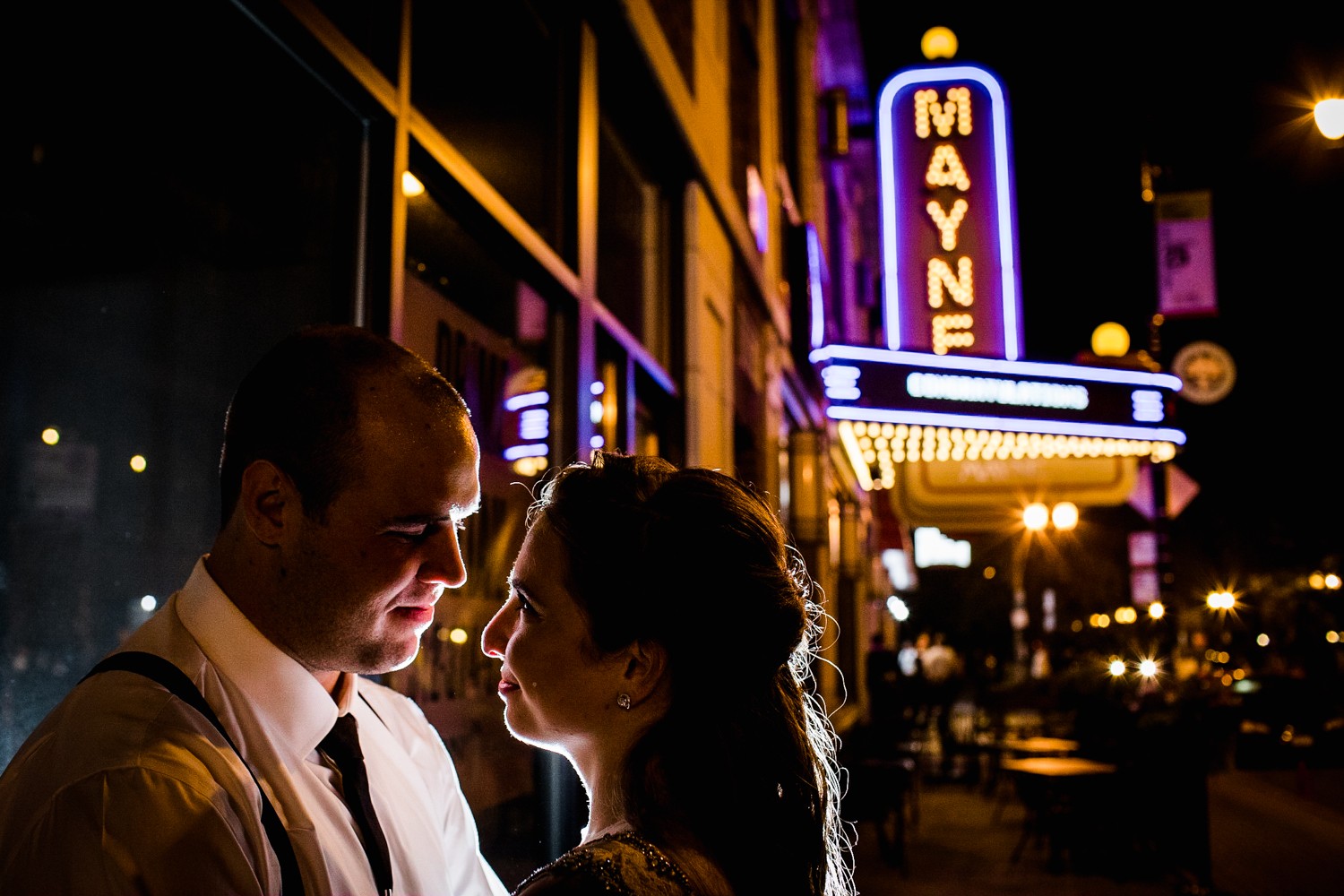 A couple portrait at night during a Mayne Stage wedding in Chicago. 