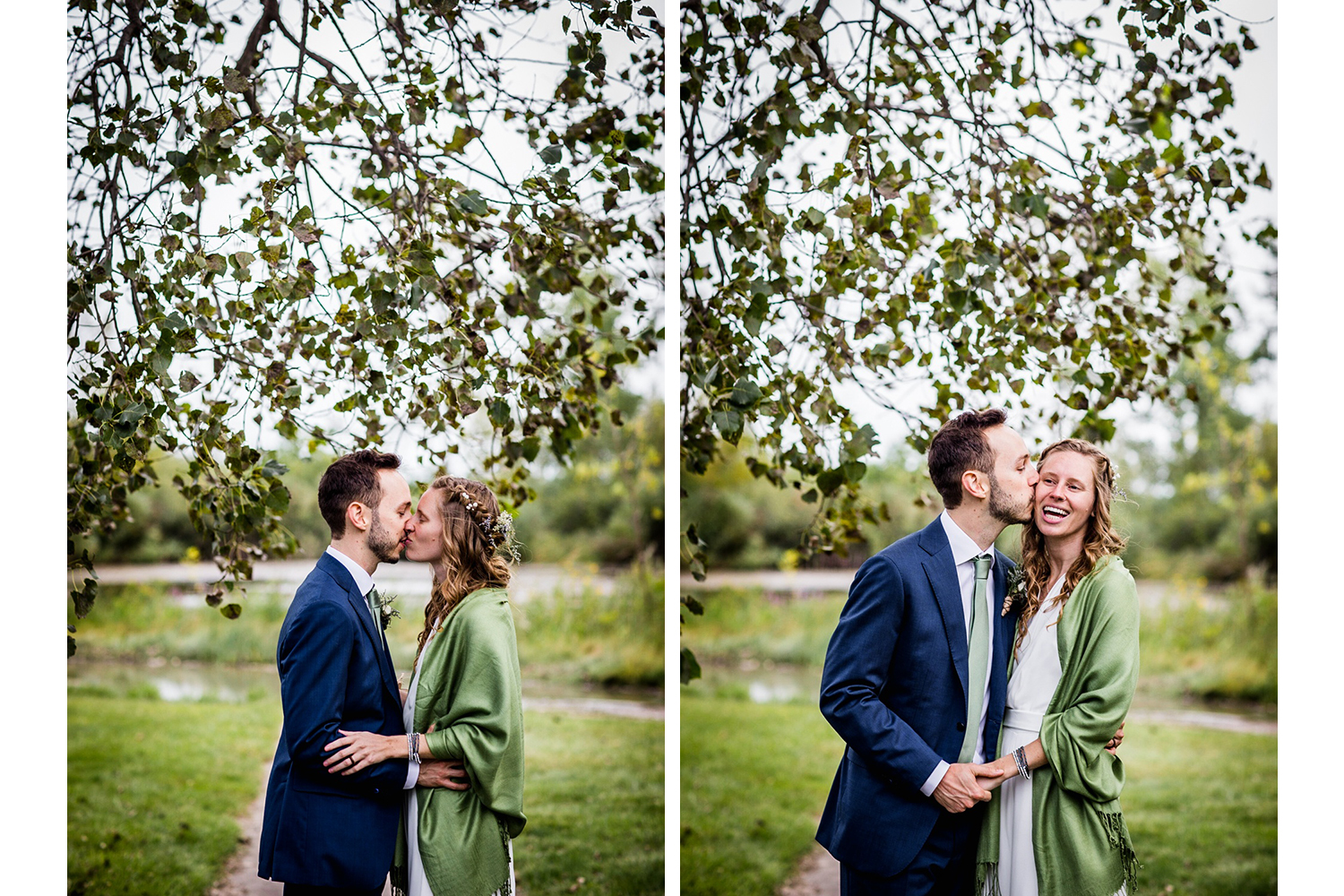 A couple laughs and kisses each other during an Illinois Beach Resort wedding.