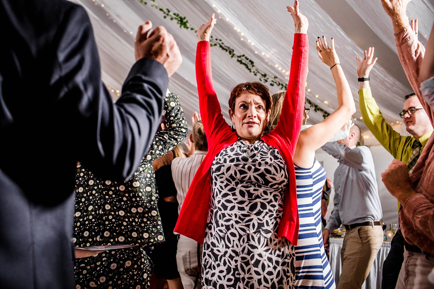 Guests dance together at an Illinois Beach Resort wedding reception