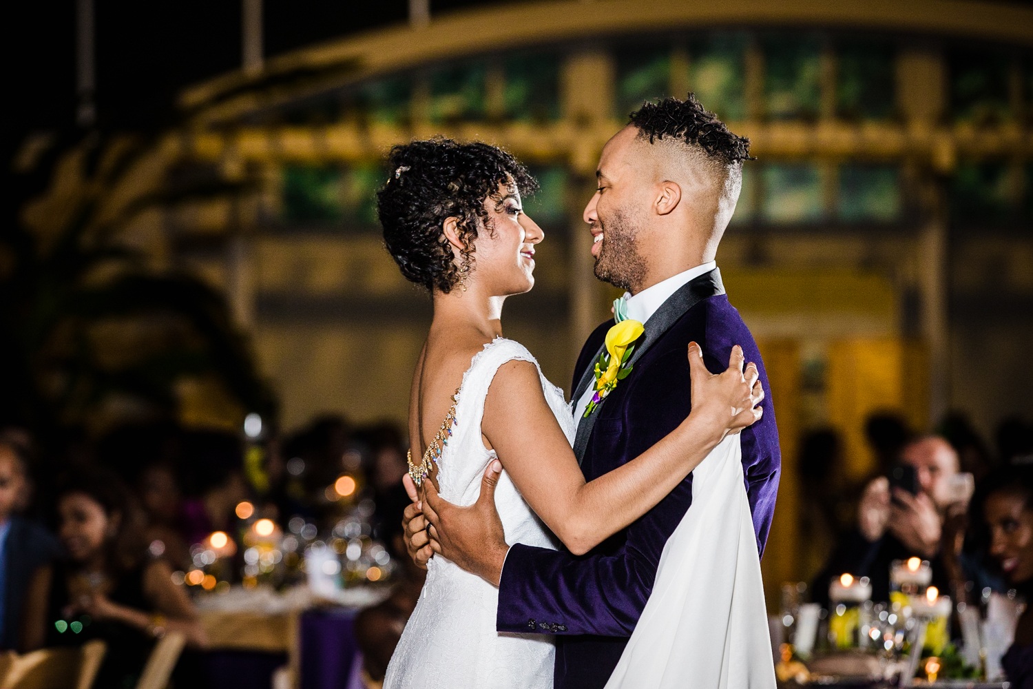 A couple shares their first dance together during a Garfield Park Conservatory wedding. 