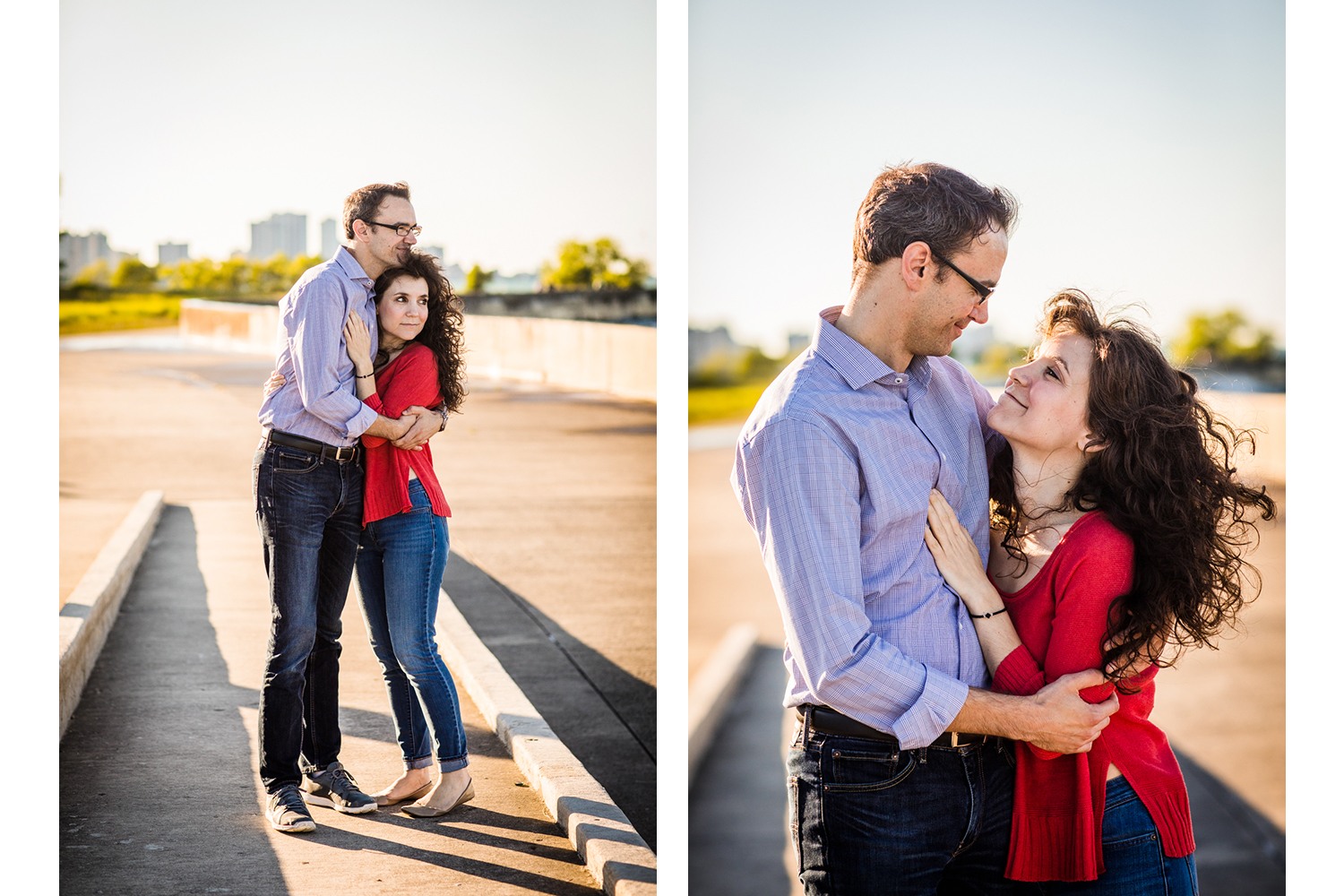 A couple hugs in the sunset during a Montrose Harbor engagement session.