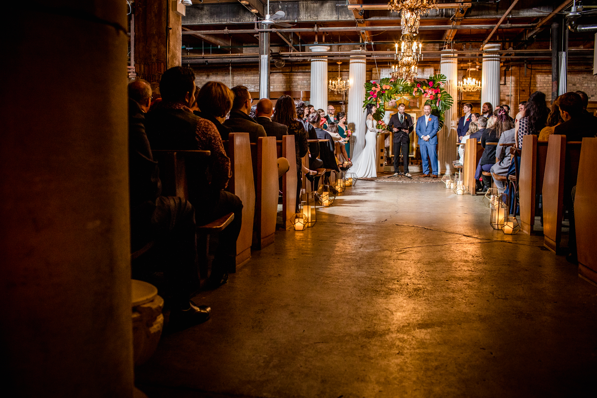 View of a ceremony during a Salvage One wedding in Chicago.