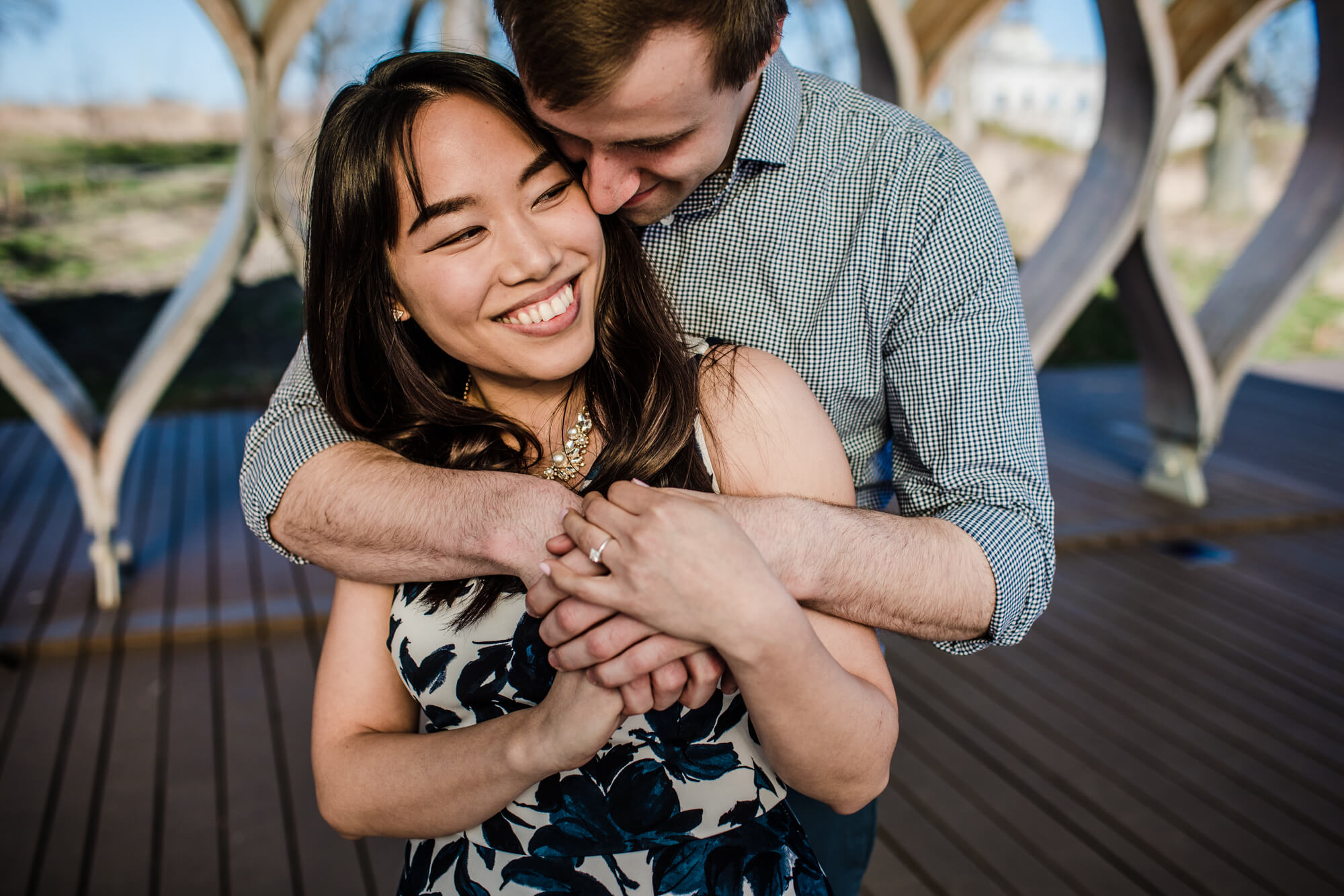 Couple together at honeycomb in Lincoln Park with Chicago engagement photographer