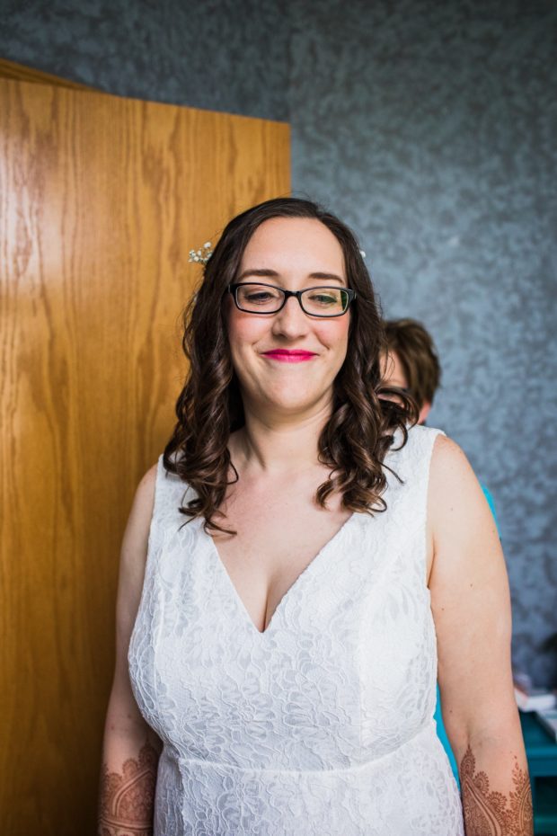 A bride gets ready before her backyard wedding in Yorkville, Illinois