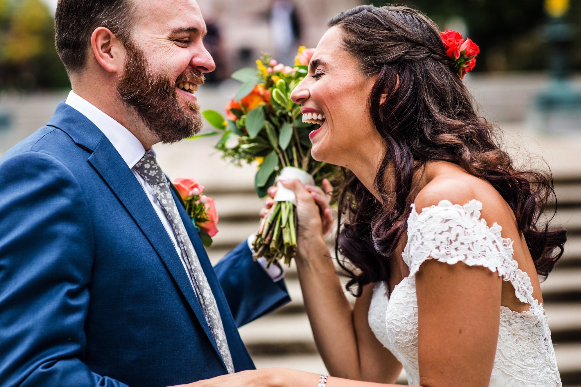 A couple laughs together before their Hideout Chicago wedding