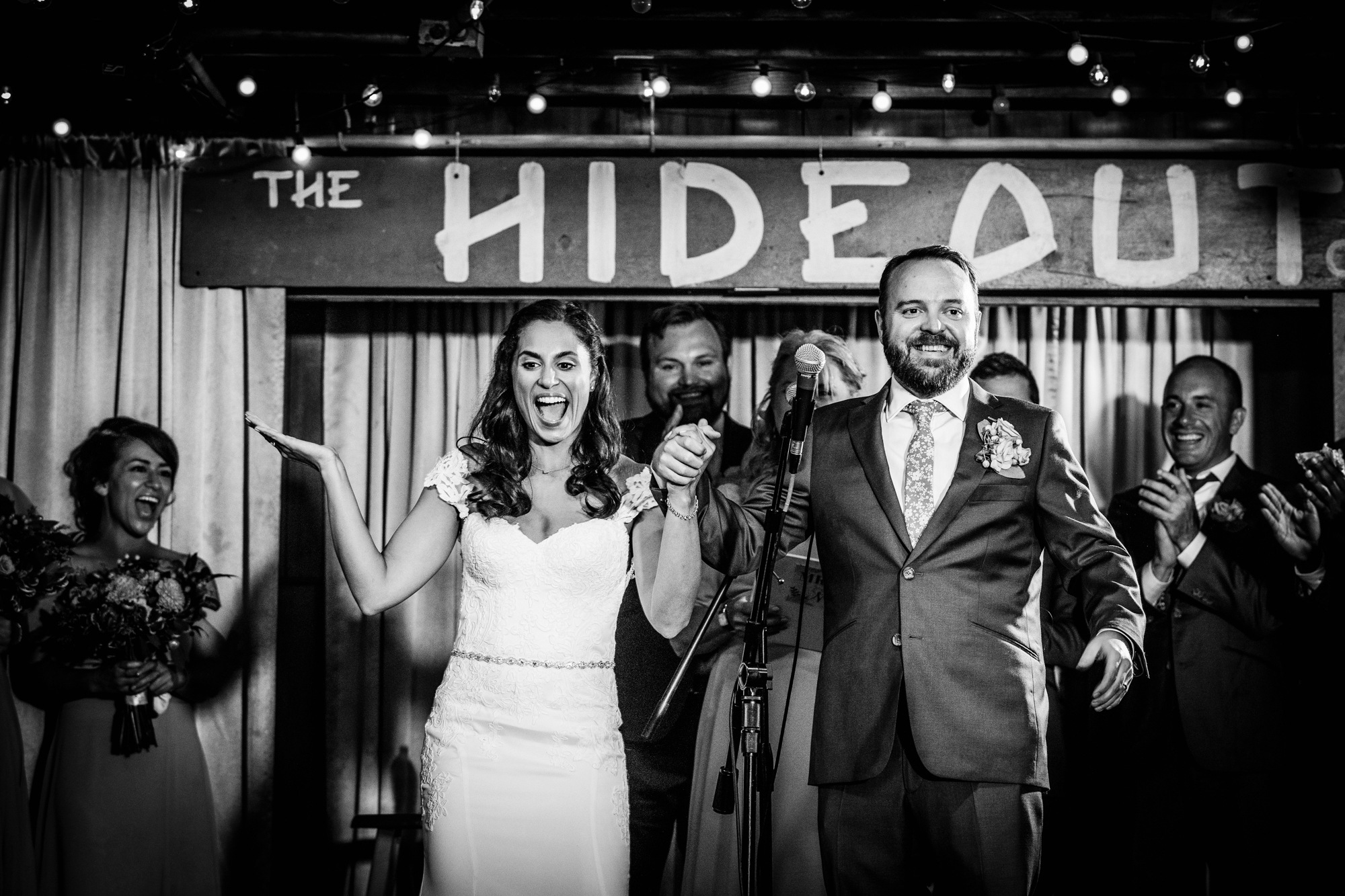 A couple laughs during a Hideout Chicago wedding ceremony