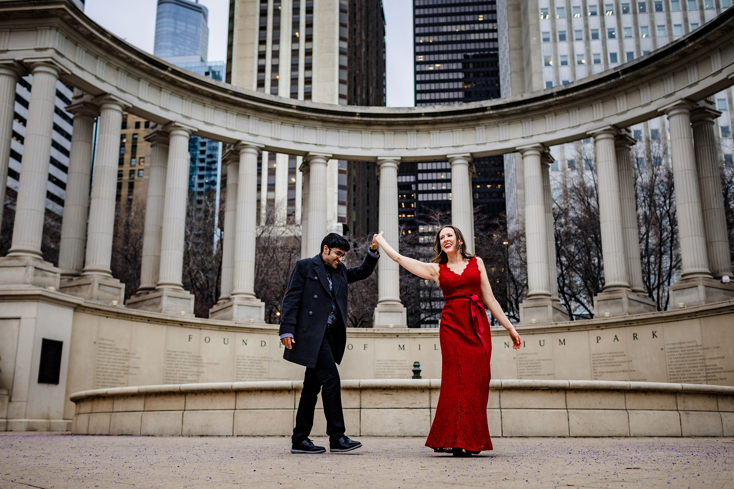 A couple dances together during a Millennium Park elopement in downtown Chicago.