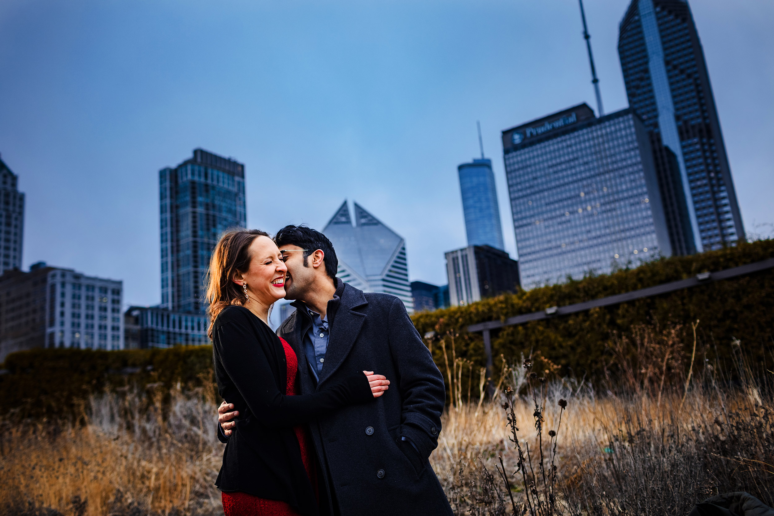 A couple shares a hug in Lurie Gardens during an elopement in downtown Chicago.
