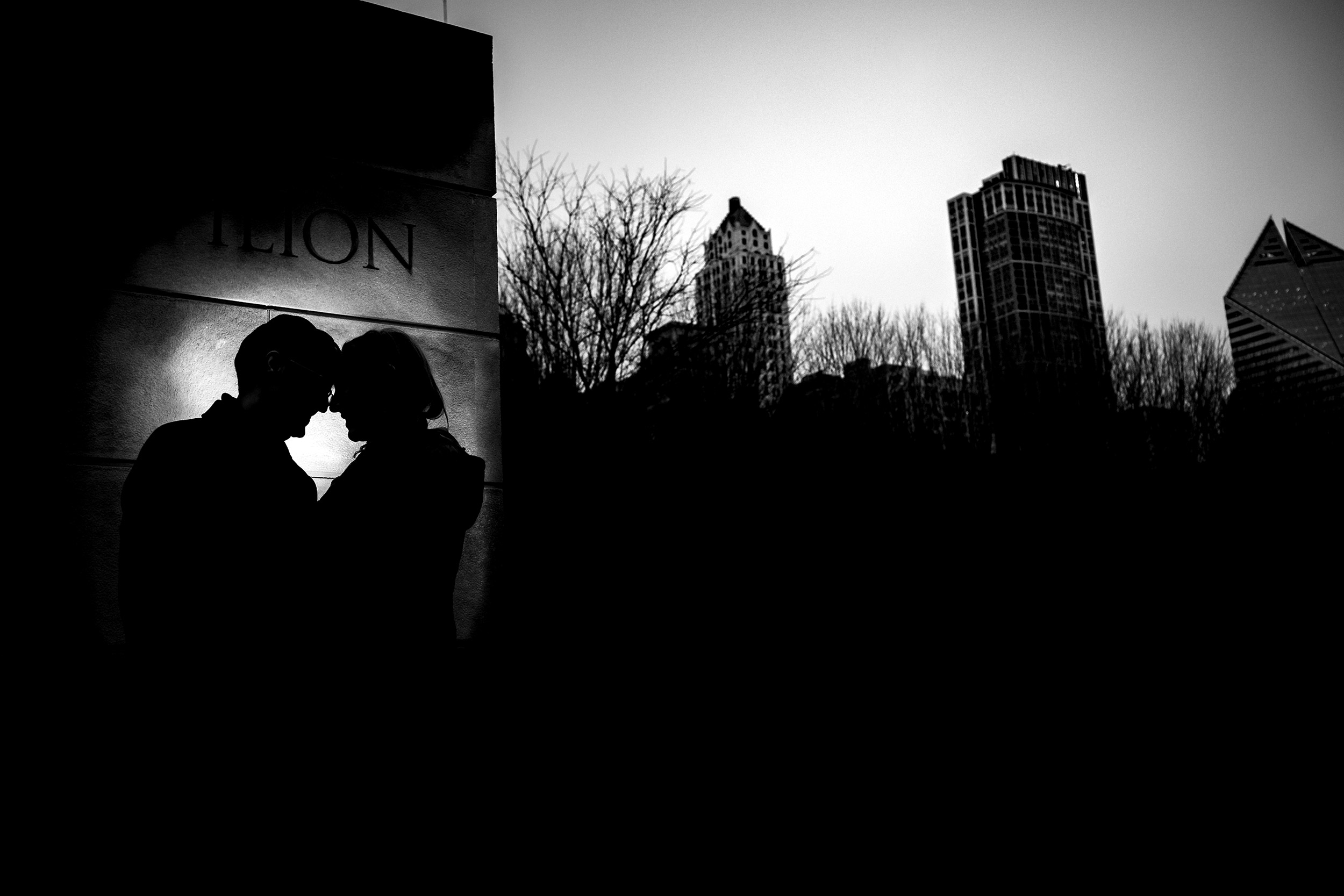 A couple hugs each other in silhouette in Lurie Gardens during an elopement in downtown Chicago.