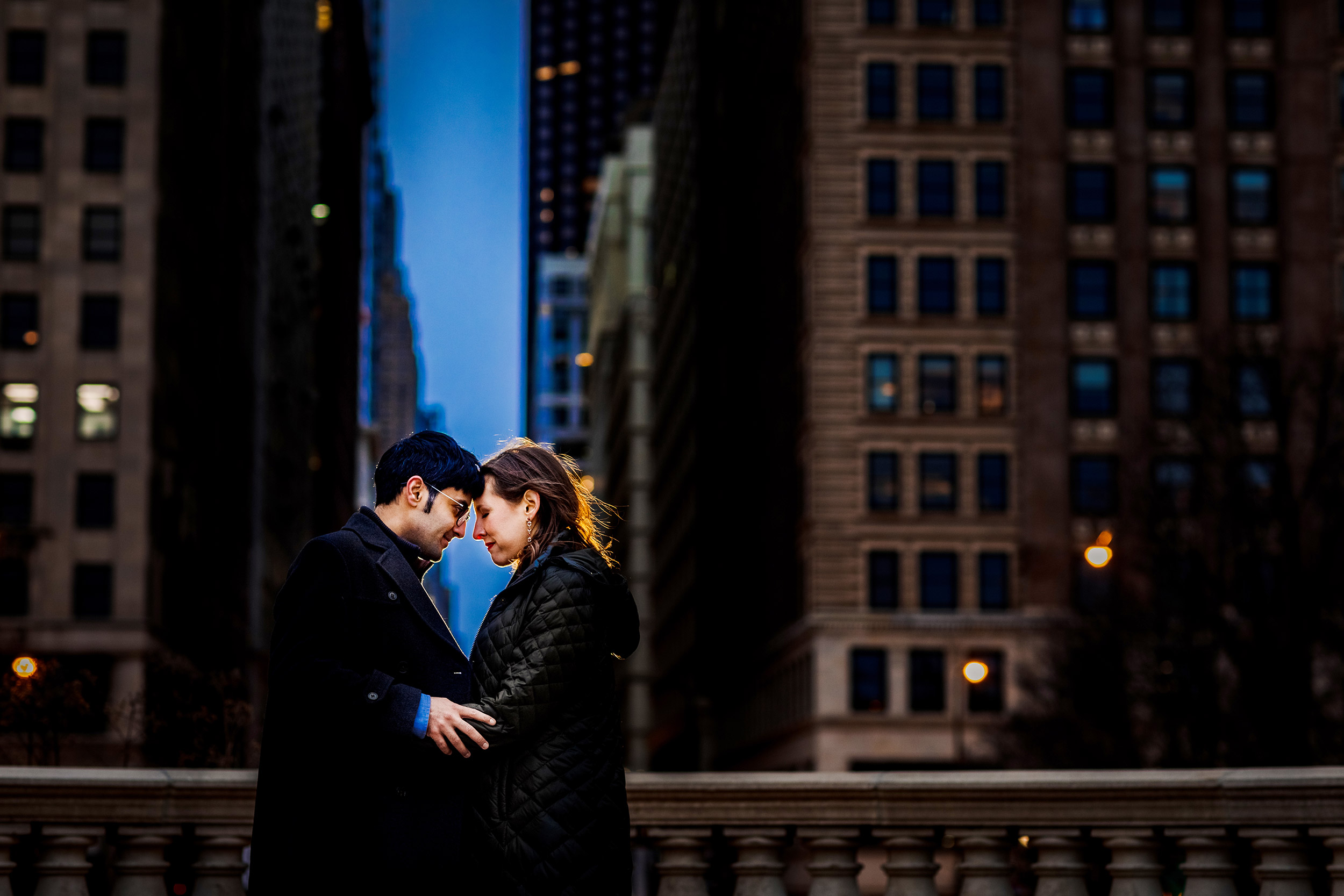 A couple embraces each other during a Millennium Park elopement in downtown Chicago.