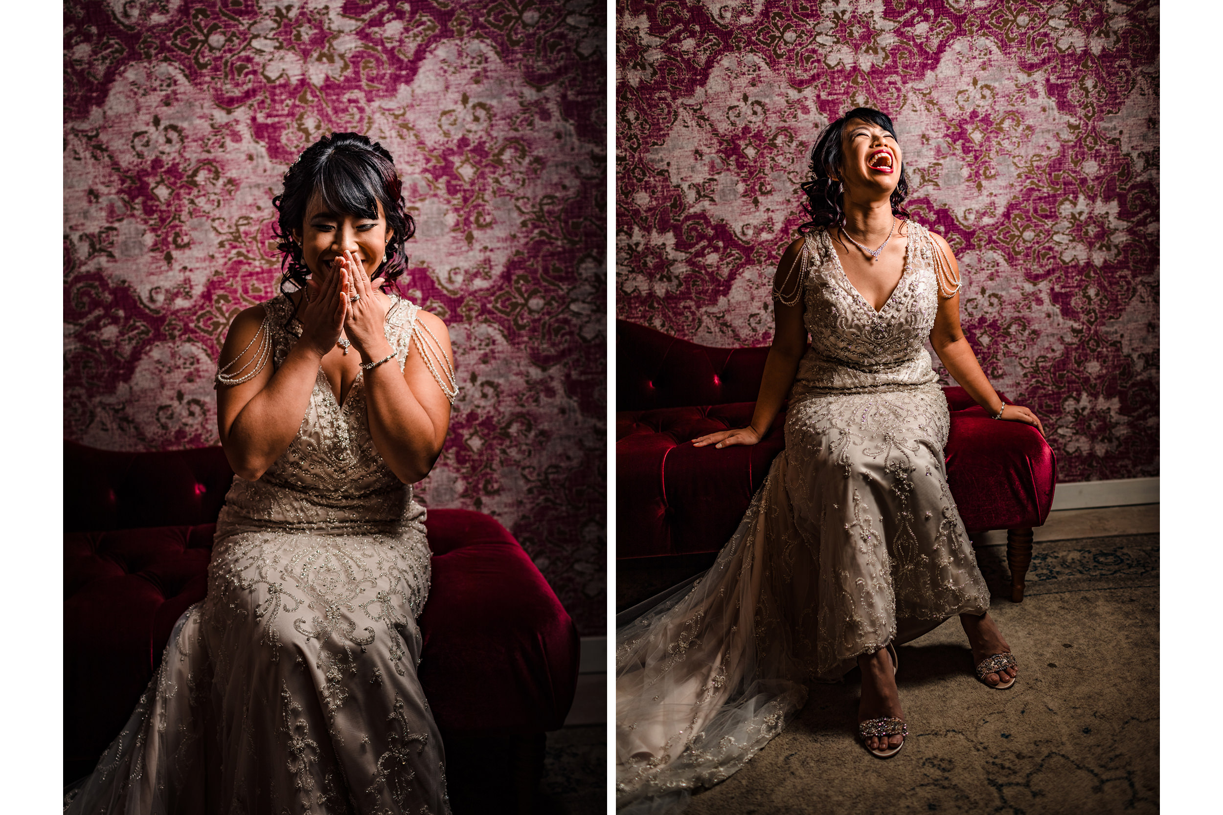 A bride laughs while getting ready before her wedding at the Joinery in Chicago.