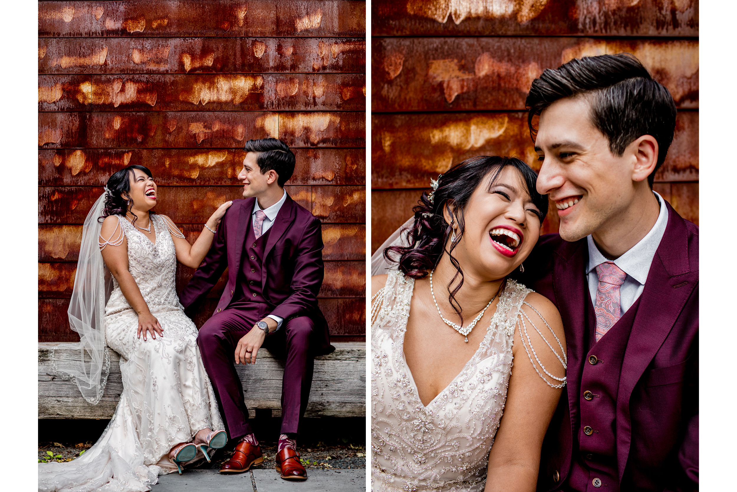 A couple laughs together during their wedding at the Joinery.