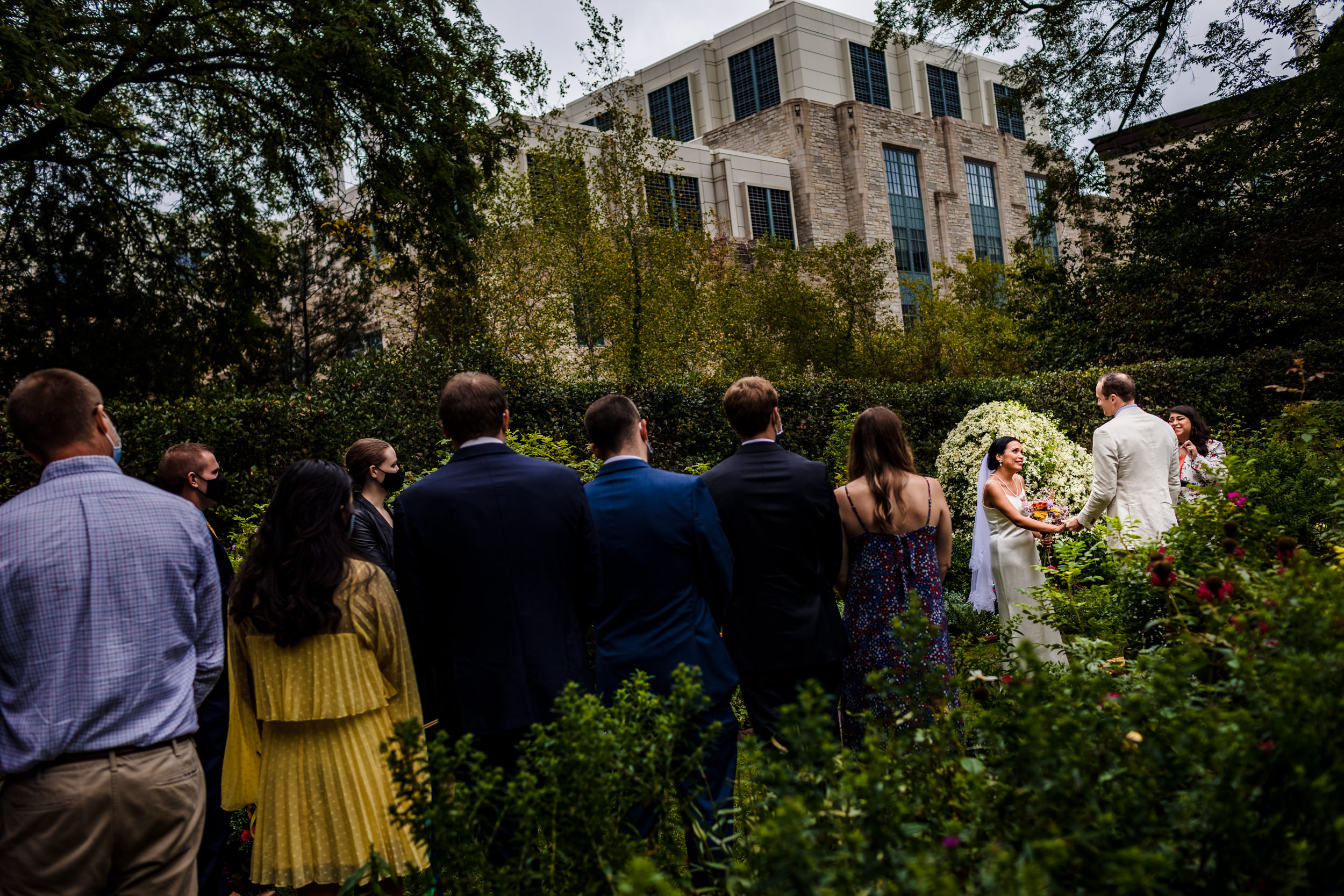 View of a ceremony during a Shakespeare Garden micro wedding in Evanston.