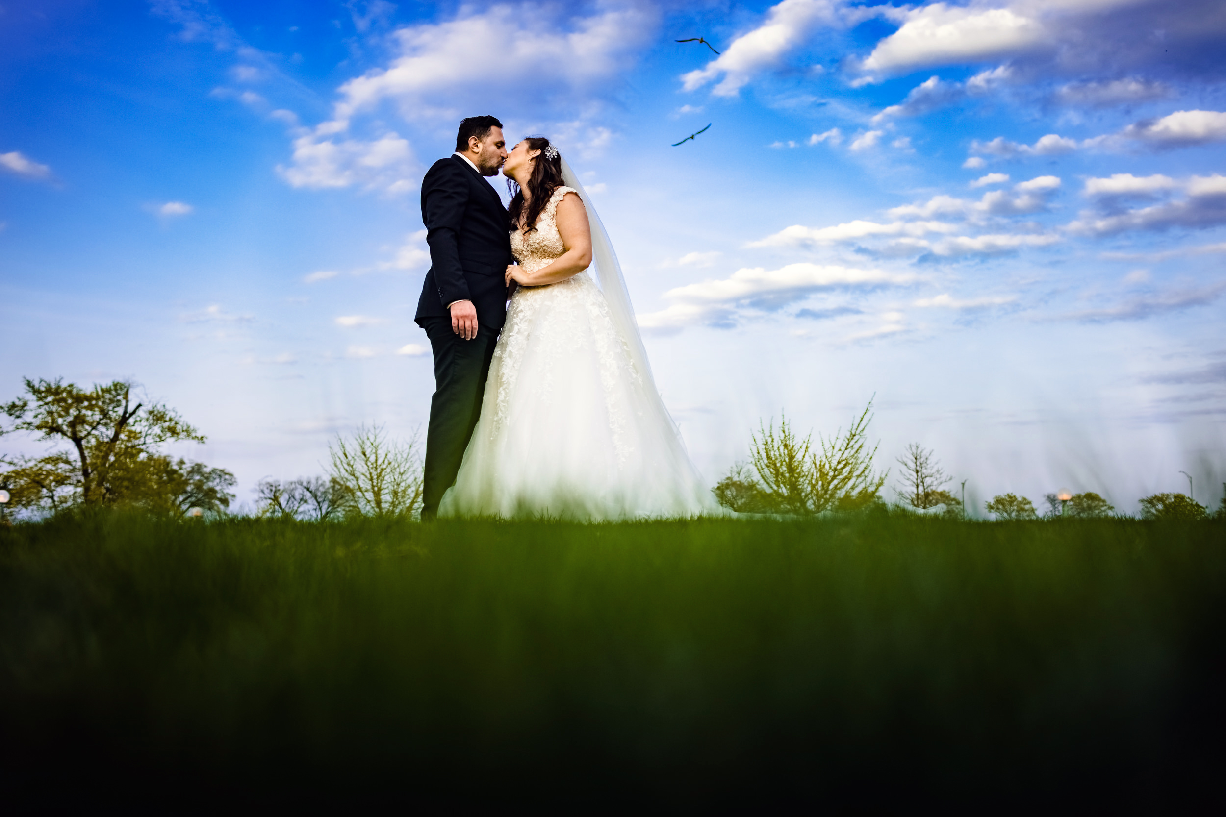 A bride and groom kiss as birds fly overhead during an elopement in Lincoln Park in Chicago, IL.